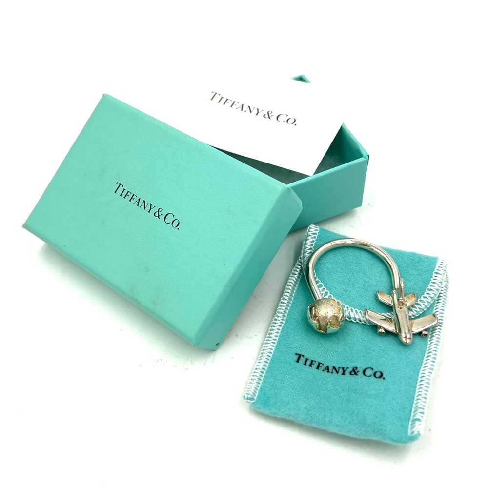 Tiffany & Co Sterling Sliver Plane Globe Key Ring Key Chain with Pouch and Box.